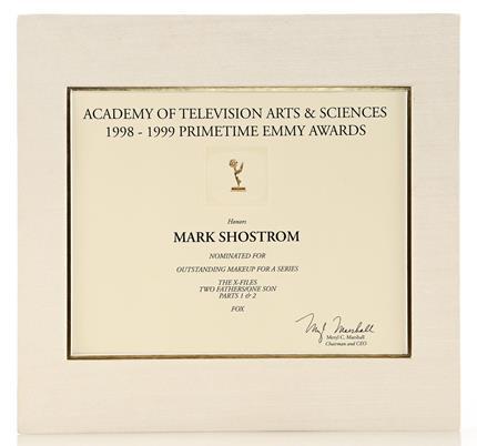 THE X-FILES (1993 - 2002) - Mark Shostrom’s Emmy Nomination Certificate For Outstanding Makeup For A Series