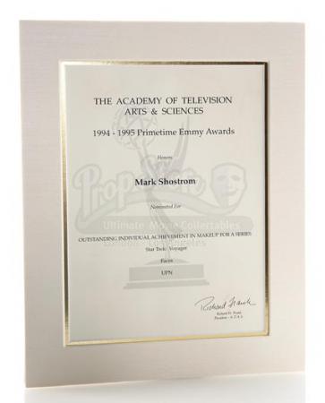 STAR TREK: VOYAGER (1995 - 2001) - Mark Shostrom’s Emmy Nomination Certificate For Outstanding Makeup For A Series 1994-1995