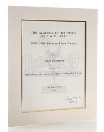 STAR TREK: VOYAGER (1995 - 2001) - Mark Shostrom’s Emmy Nomination Certificate For Outstanding Makeup For A Series 1995-1996